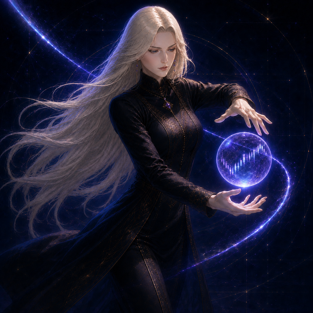 Cassandra, the illustrated silver-haired brand persona, holding a violet sphere with stylized market charts.